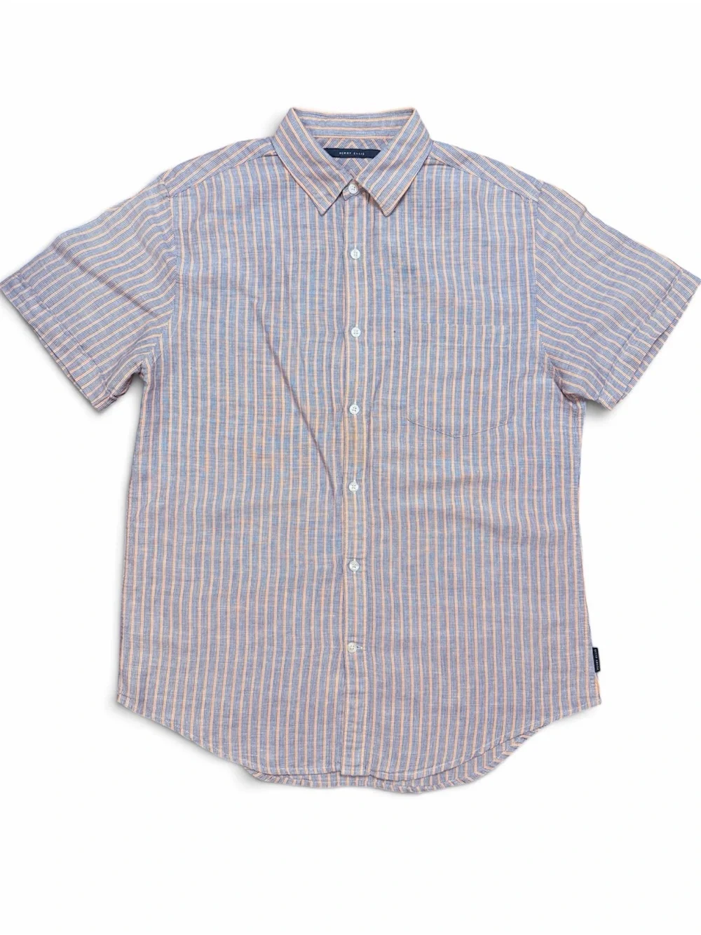 Perry Ellis Blue and Pink Striped Short-Sleeve Button-Down Shirt